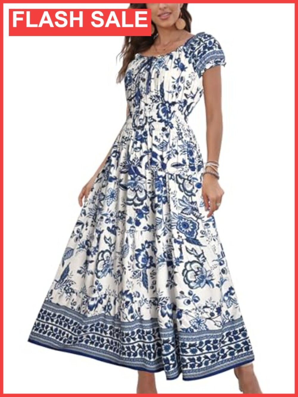 OSTOO Women's Boho Floral Maxi Dress Short Sleeve Casual Flowy Summer